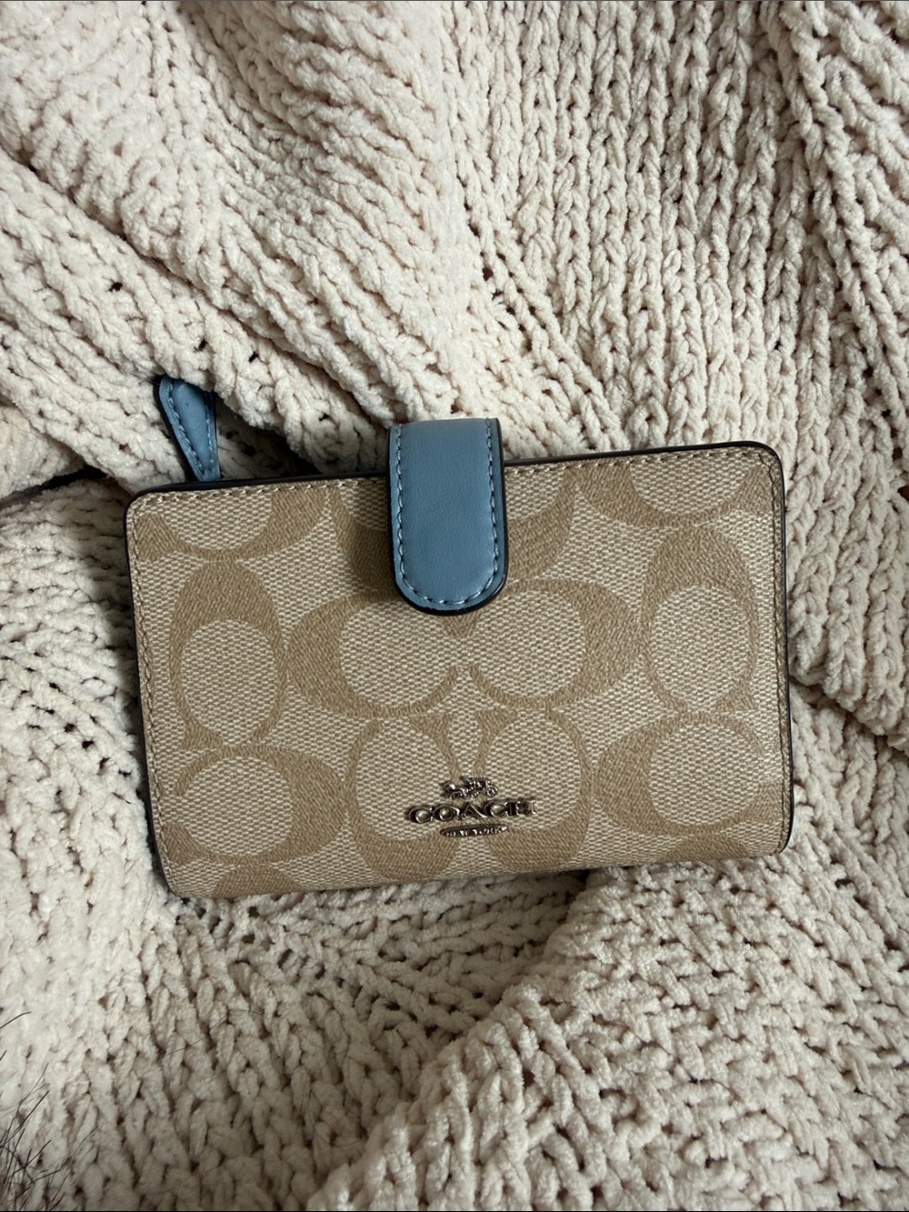 Coach Khaki Signature Canvas Wallet with Blue Trim